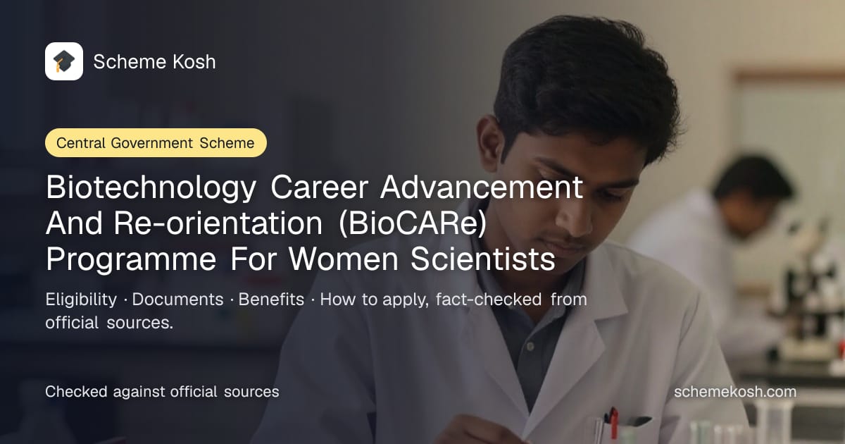Biotechnology Career Advancement And Re-orientation (BioCARe) Programme For Women Scientists: Rs 1,00,000 monthly fellowship plus research