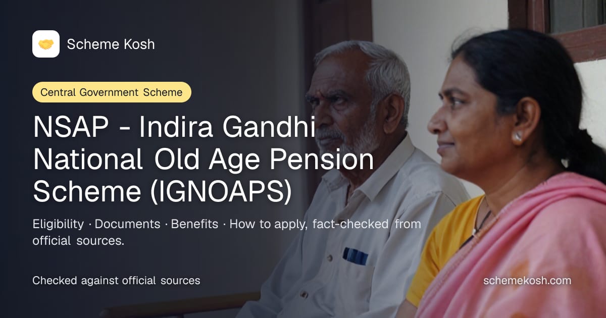 NSAP - Indira Gandhi National Old Age Pension Scheme (IGNOAPS): Central pension of Rs 200/month (age 60-79) and Rs 500/month (age 80+)